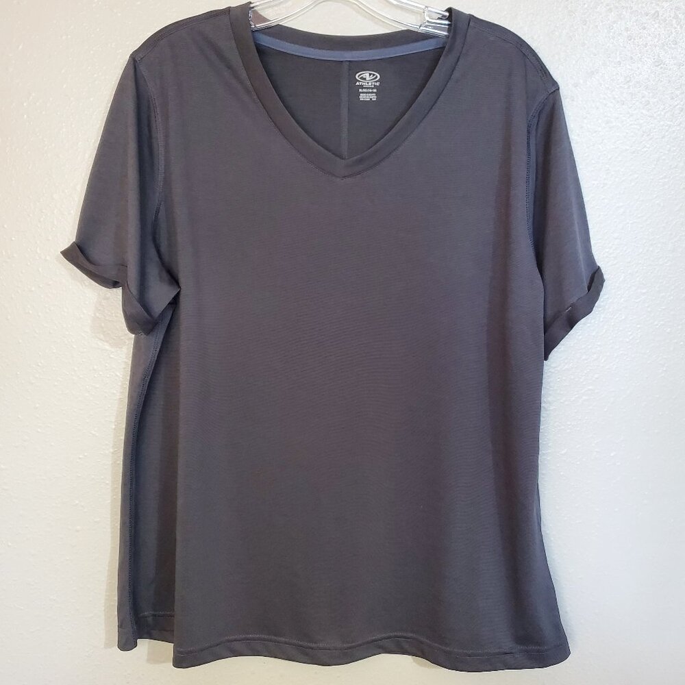 Athletic Black Activewear V Neck Cuffed Short Sleeve Top Workout Women's XL